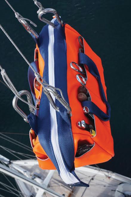 Windwitch tool bags, named after sewer and sailor Randi Whipple’s sailboat, are equipped with four attachment points that allow for easy transfer while working on a mast.